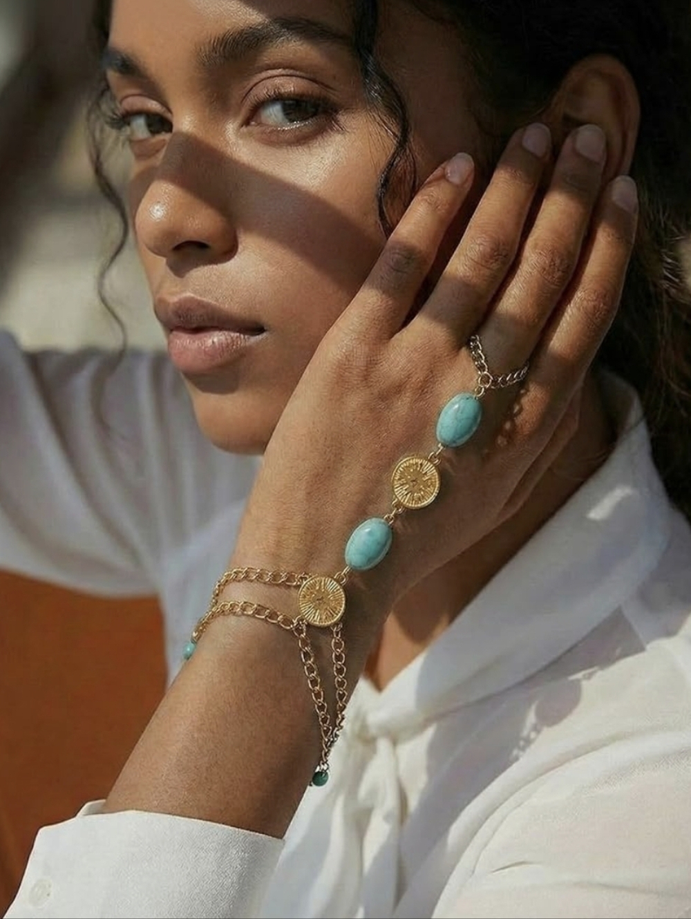 Gold and Turquoise Hand Chain Bracelet